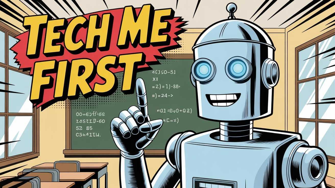 Vintage comic cover with retro tech and math symbols